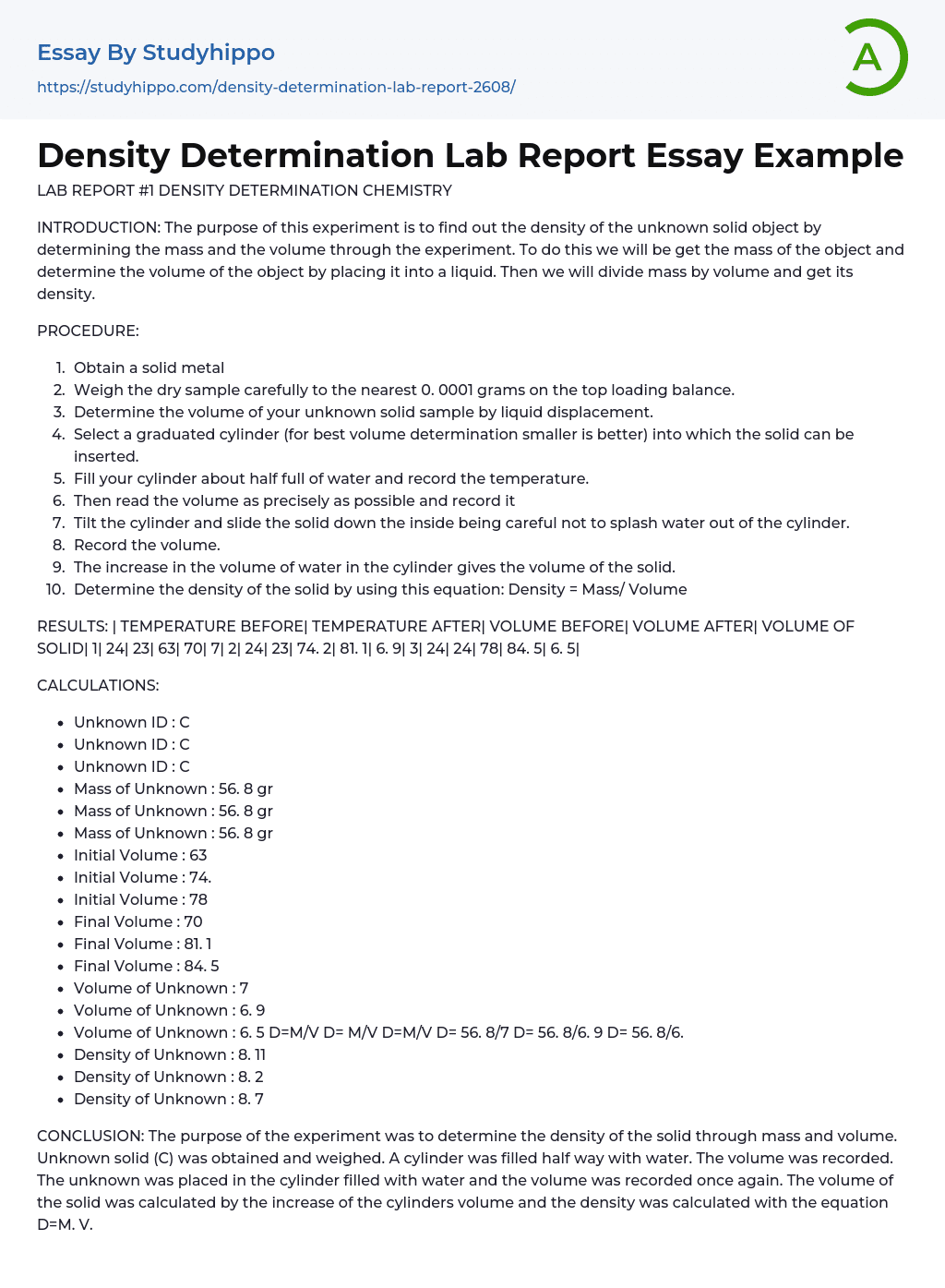 Density Determination Lab Report Example Essay Example