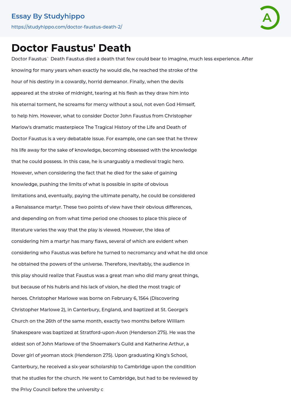 Doctor Faustus’ Death Essay Example