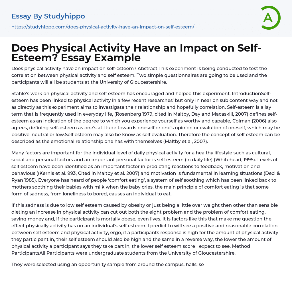 Does Physical Activity Have an Impact on SelfEsteem? Essay Example