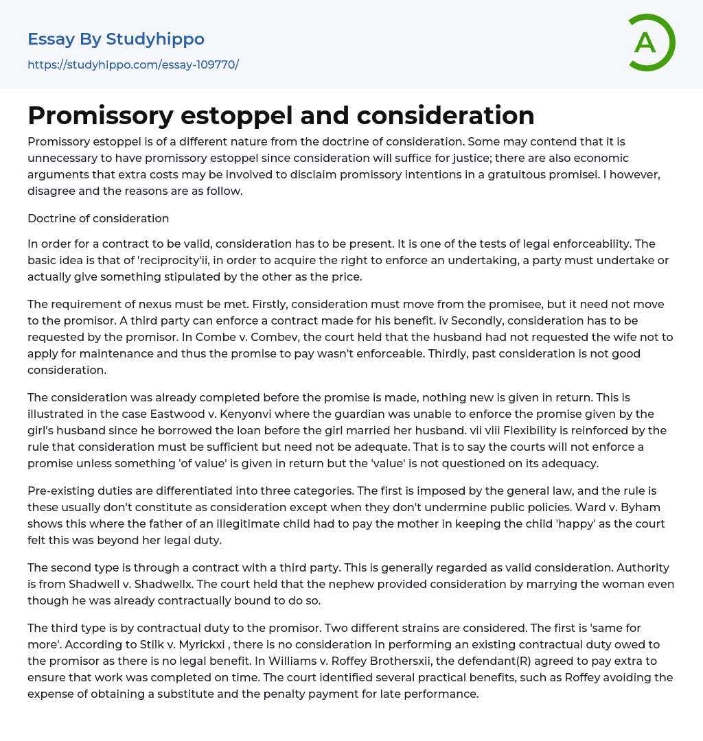 Promissory estoppel and consideration Essay Example