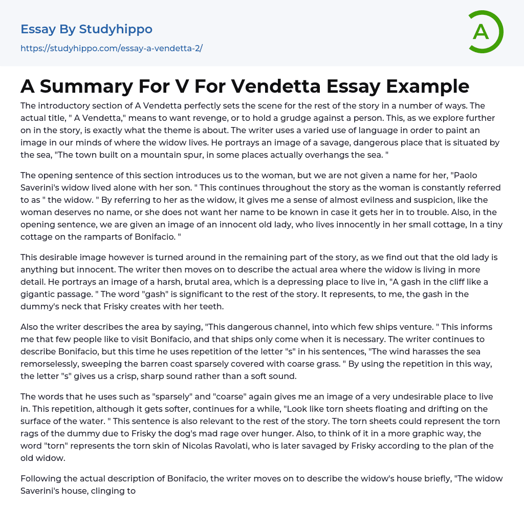 A Summary For V For Vendetta Essay Example