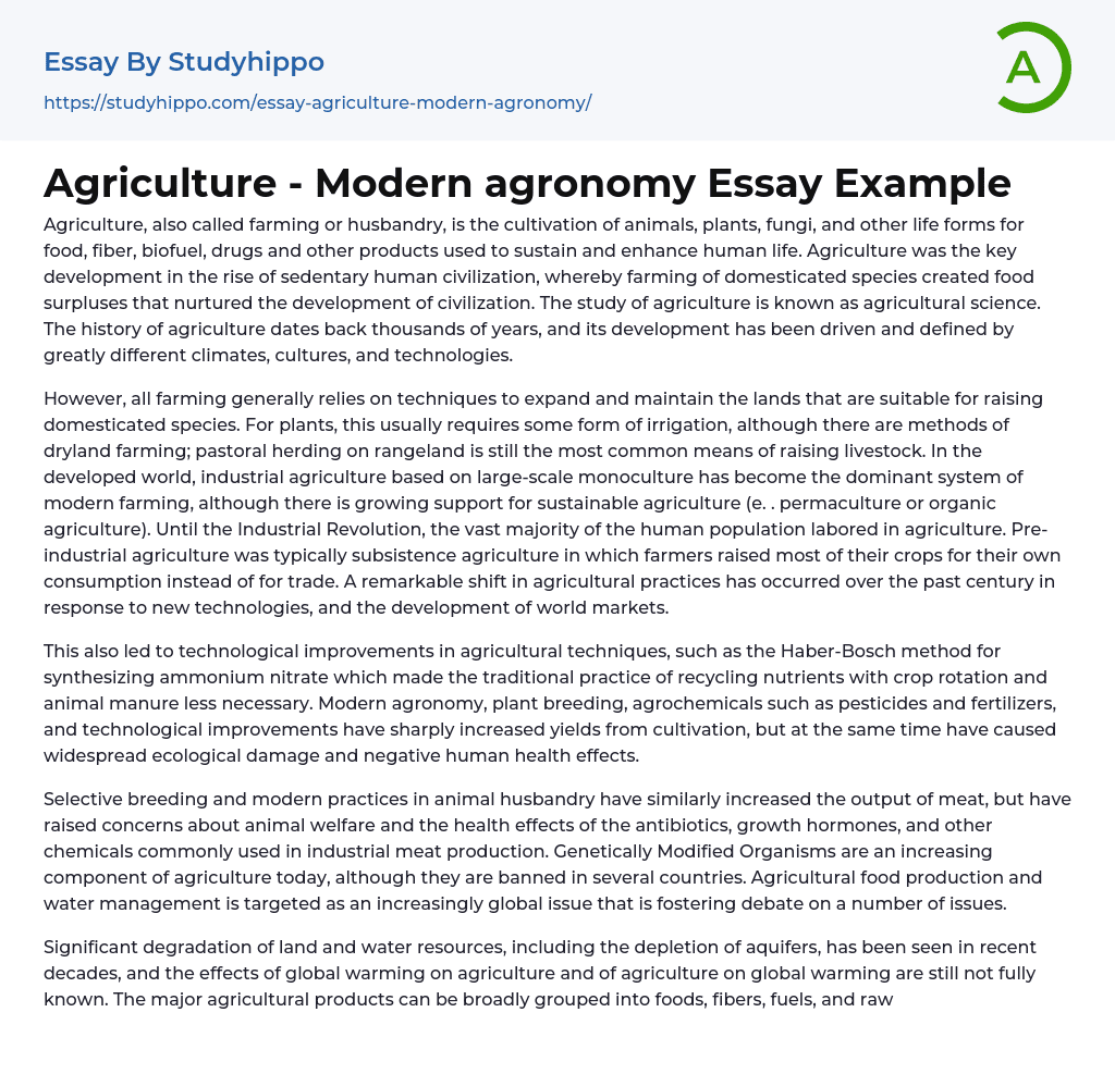 Agriculture Modern agronomy Essay Example