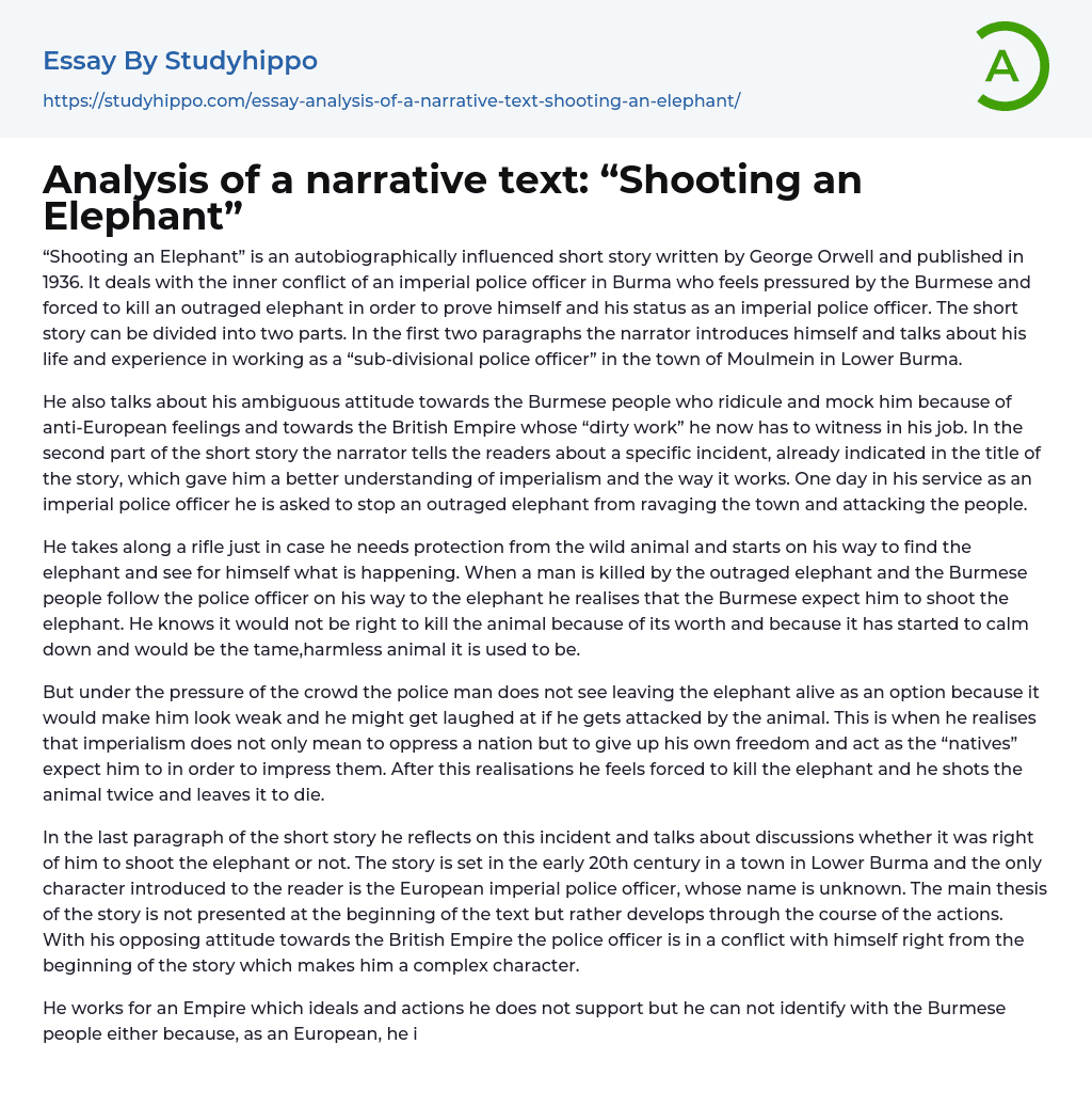 Analysis of a narrative text “Shooting an Elephant” Essay Example