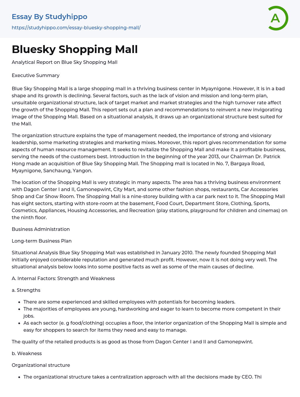 Bluesky Shopping Mall Essay Example