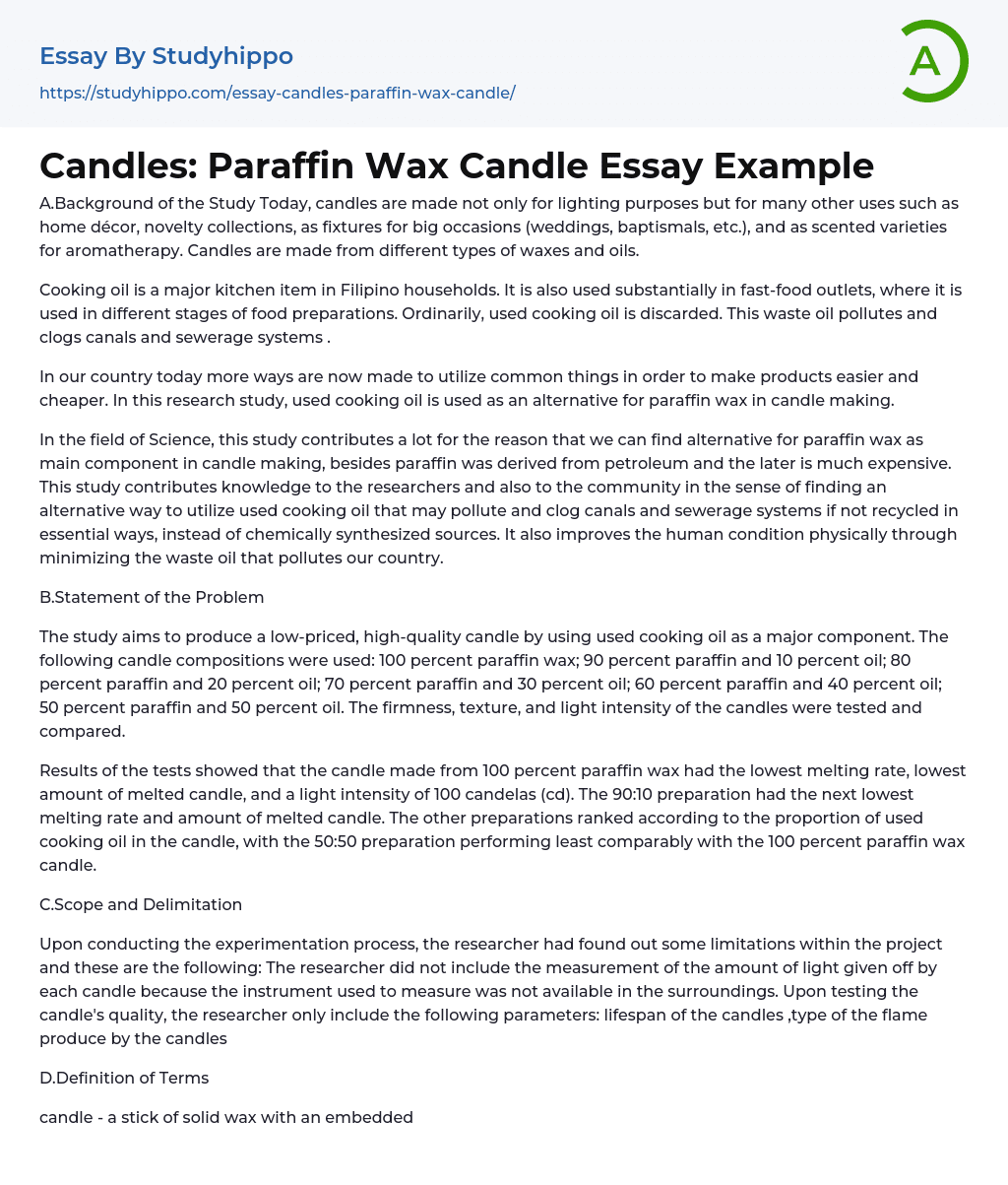 Candles Paraffin Wax Candle Essay Example