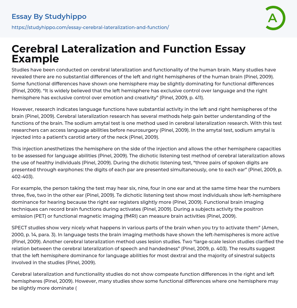 Cerebral Lateralization and Function Essay Example