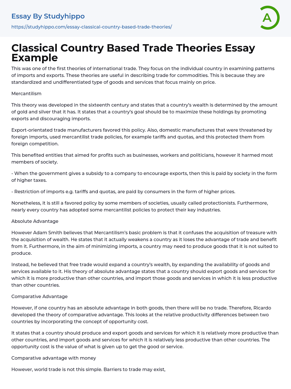 Classical Country Based Trade Theories Essay Example