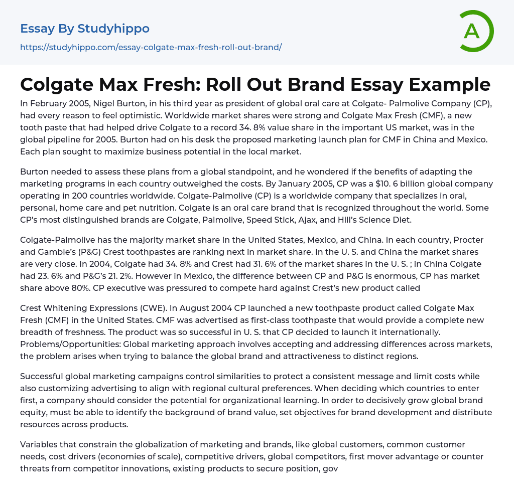 Colgate Max Fresh Roll Out Brand Essay Example