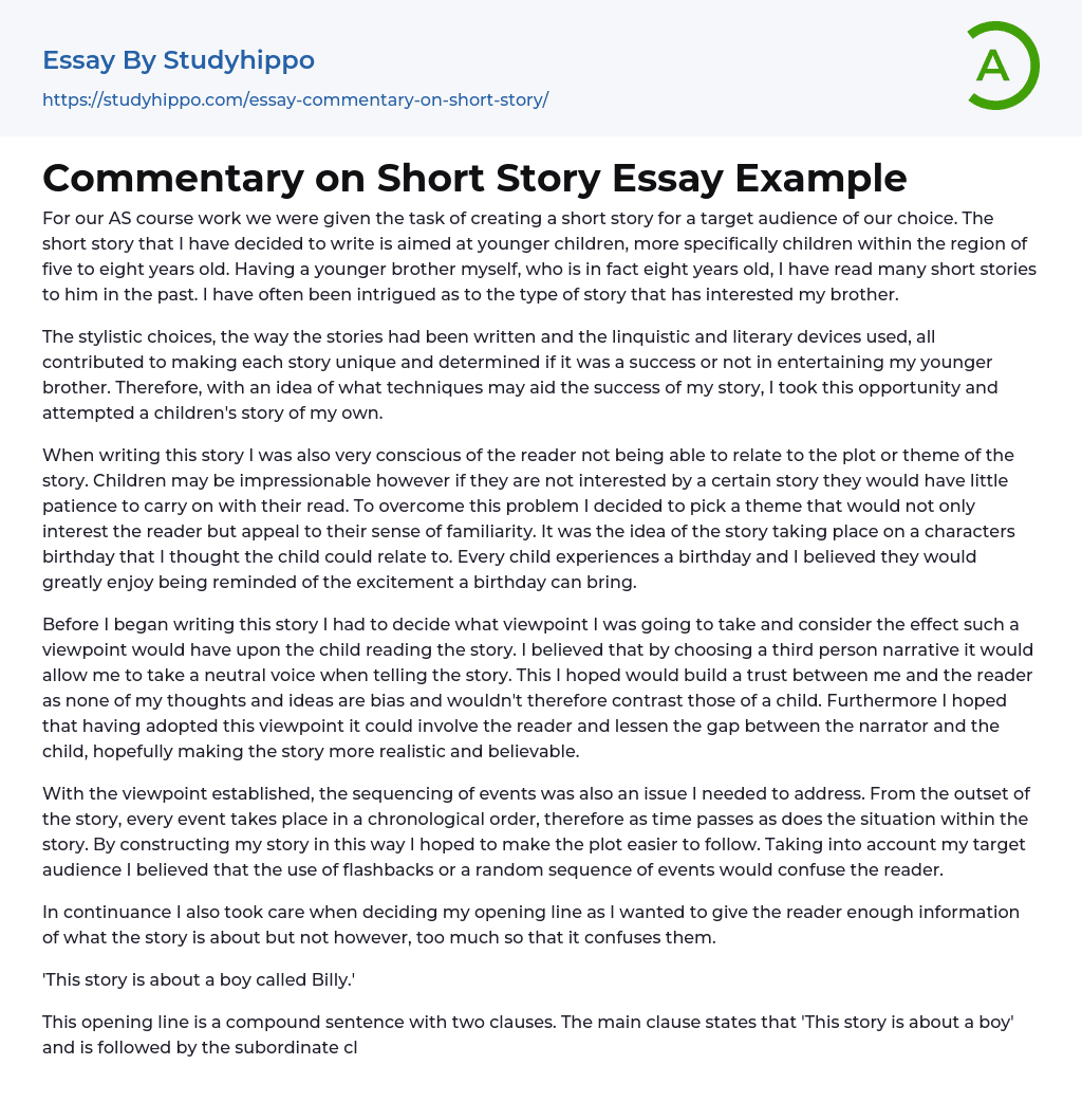 Commentary on Short Story Essay Example