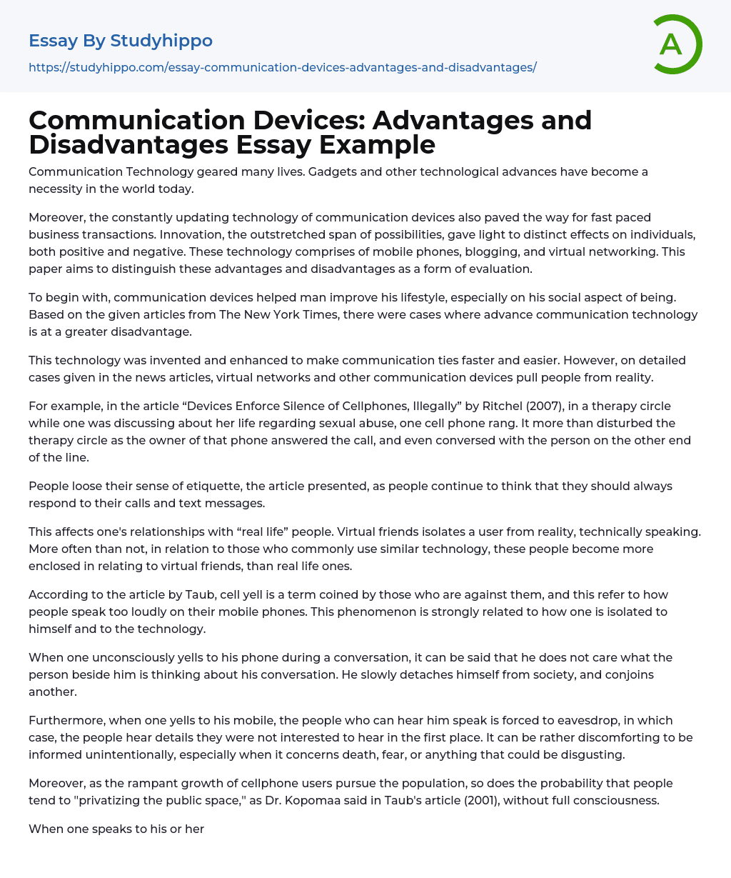 Communication Devices Advantages and Disadvantages Essay Example