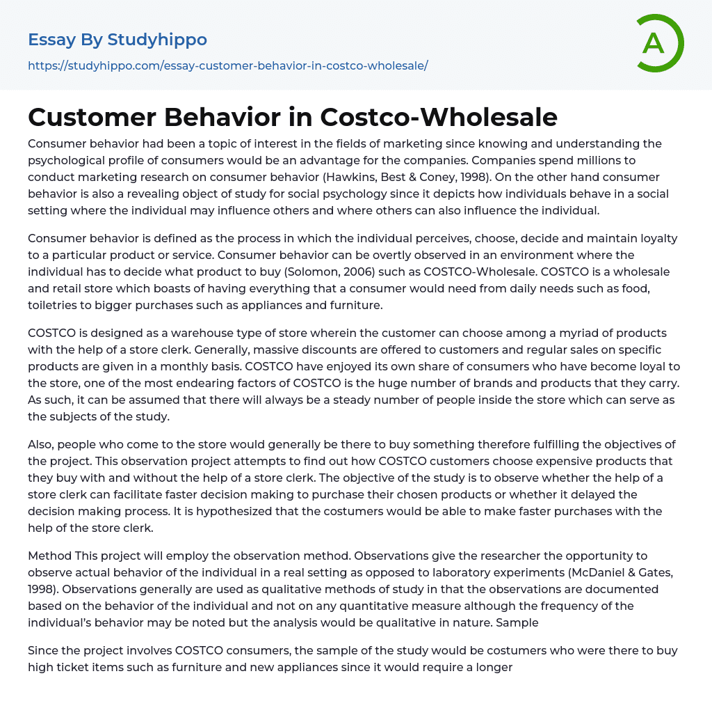 Customer Behavior in CostcoWholesale Essay Example