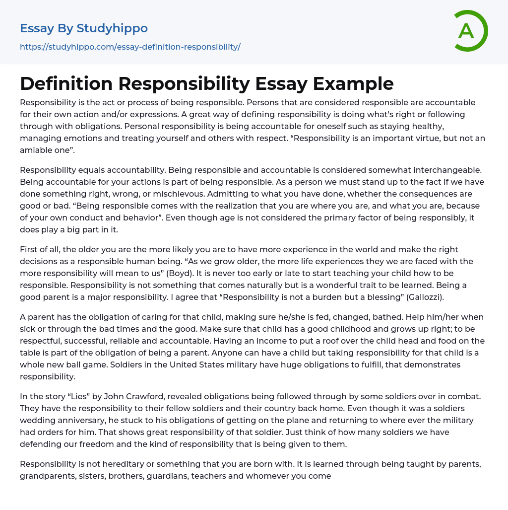 Definition Responsibility Essay Example