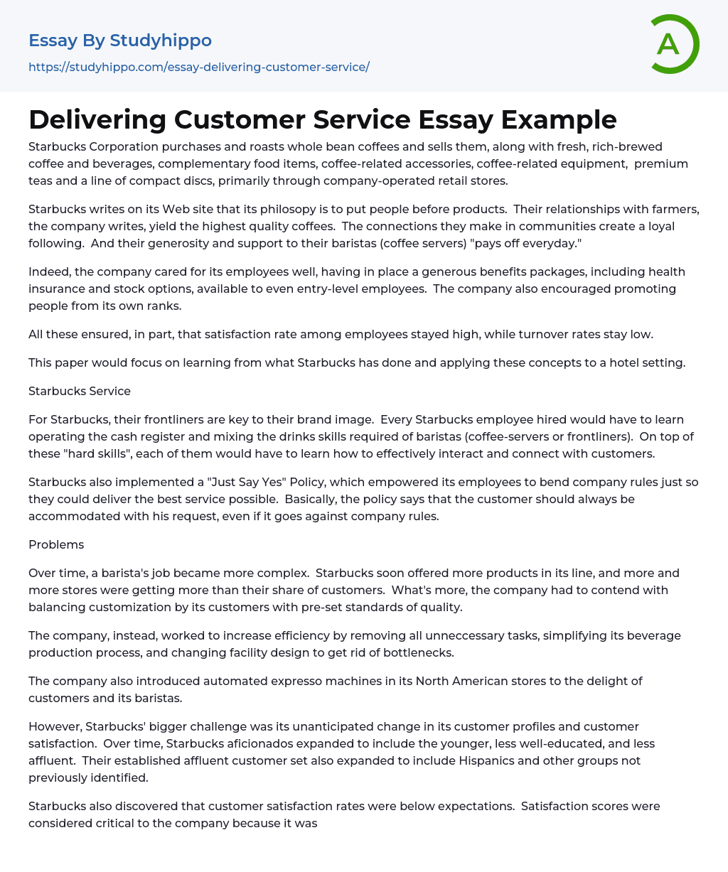 Delivering Customer Service Essay Example