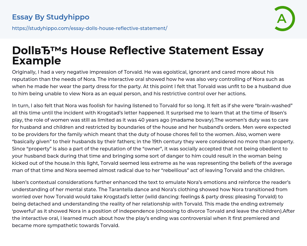 Doll’s House Reflective Statement Essay Example
