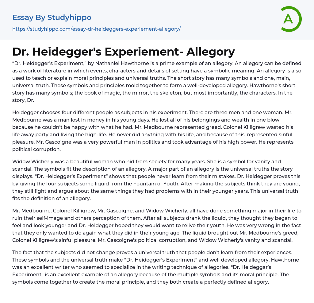 Dr. Heidegger’s Experiement Allegory Essay Example