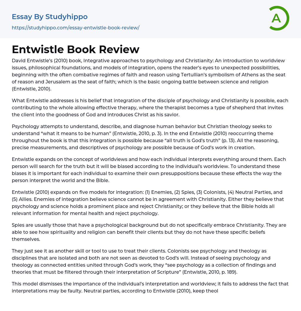 Entwistle Book Review Essay Example