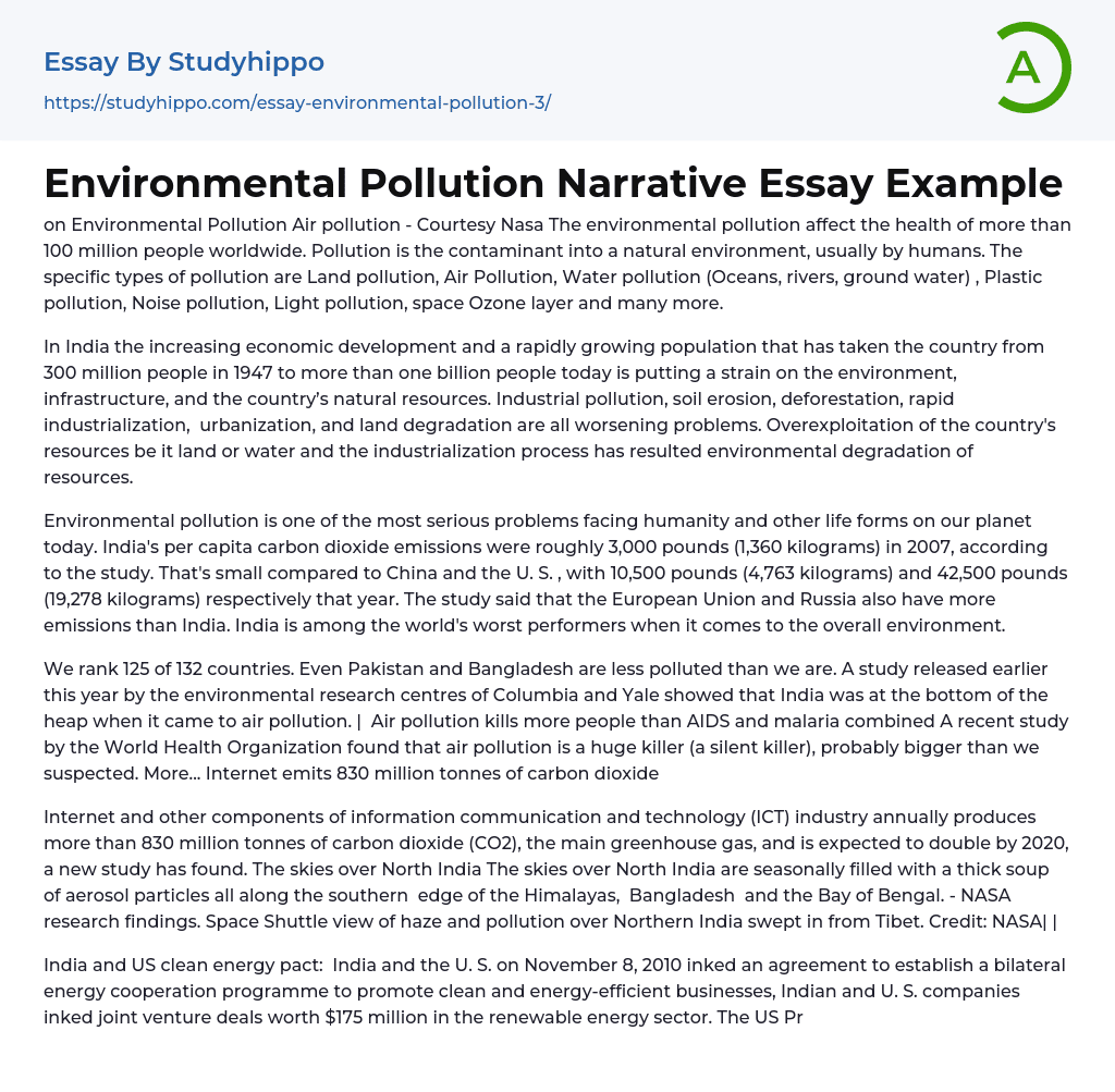 Environmental Pollution Narrative Essay Example