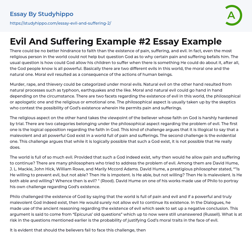 Evil And Suffering Example 2 Essay Example