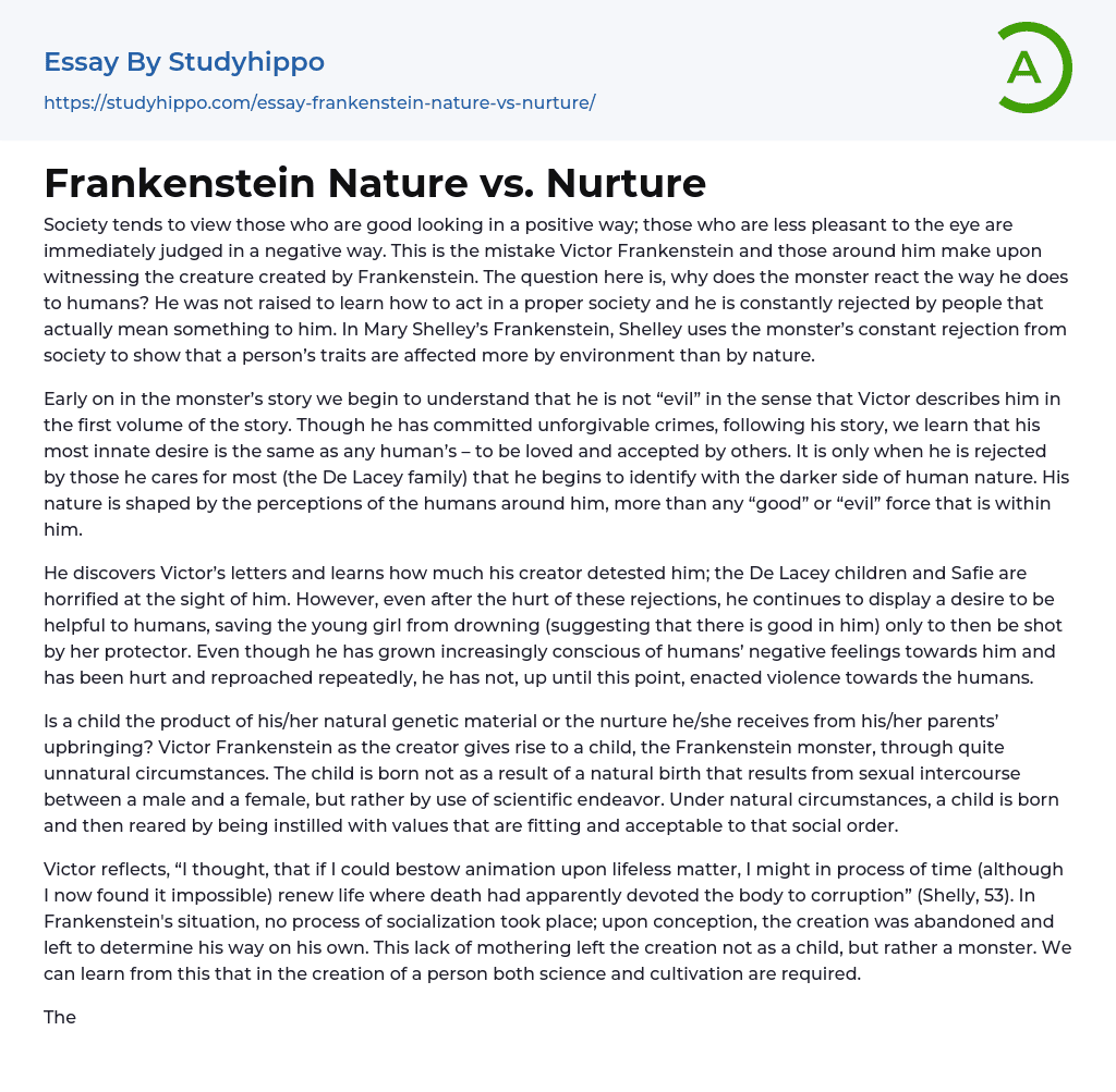 Frankenstein Nature vs. Nurture Essay Example