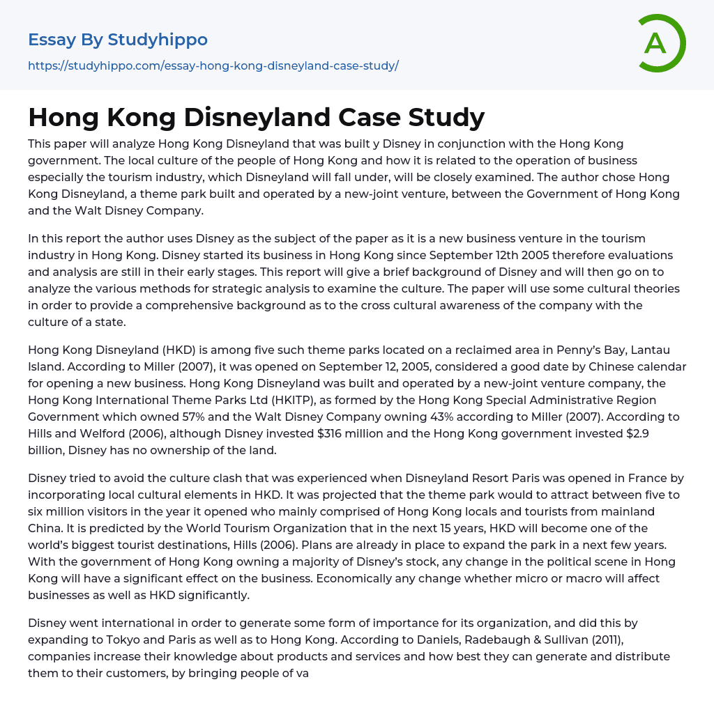 Hong Kong Disneyland Case Study Essay Example