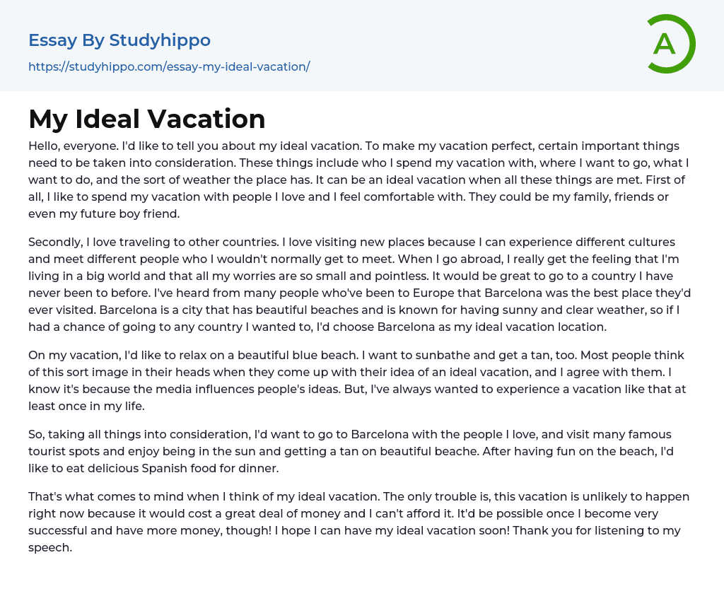 My Ideal Vacation Essay Example