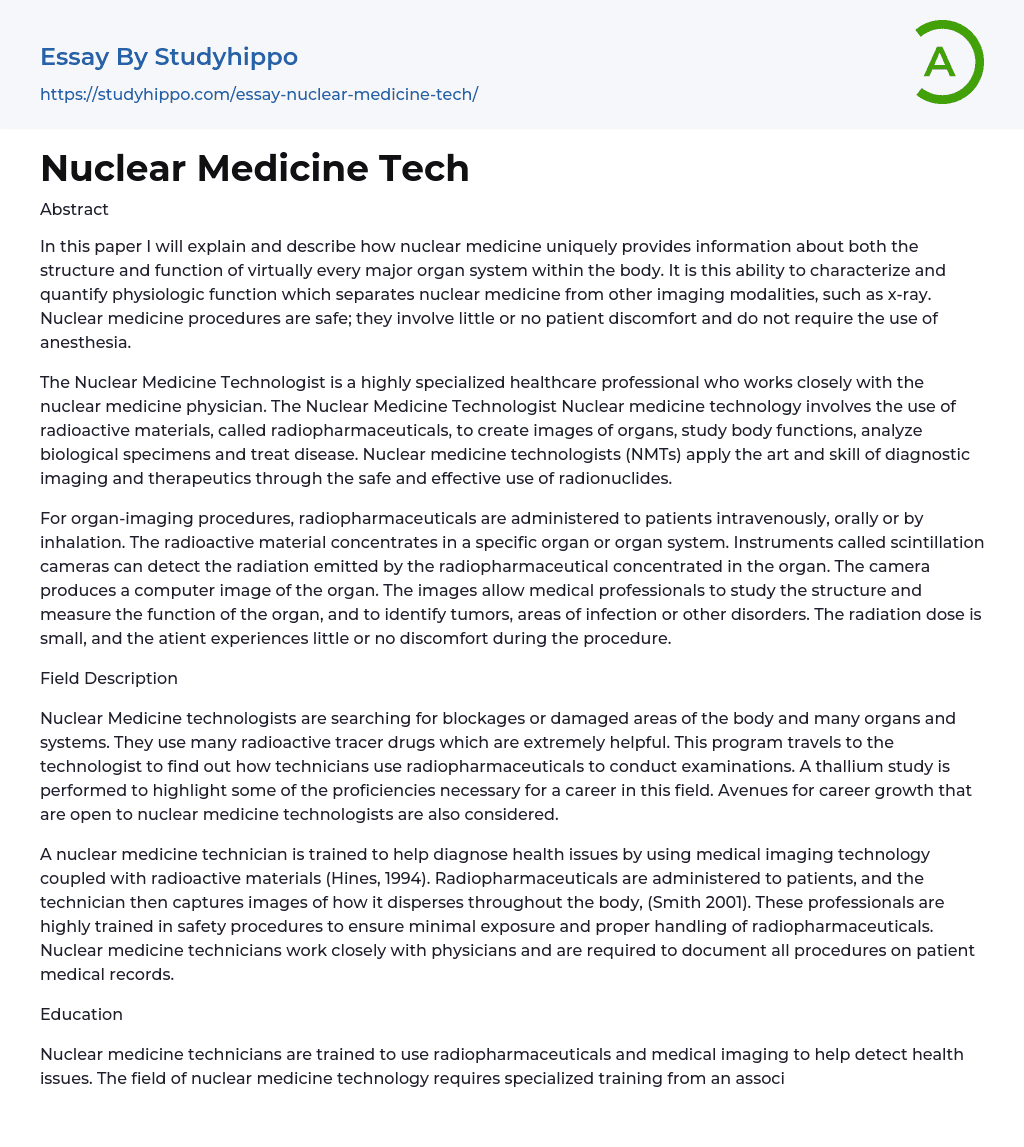Nuclear Medicine Tech Essay Example