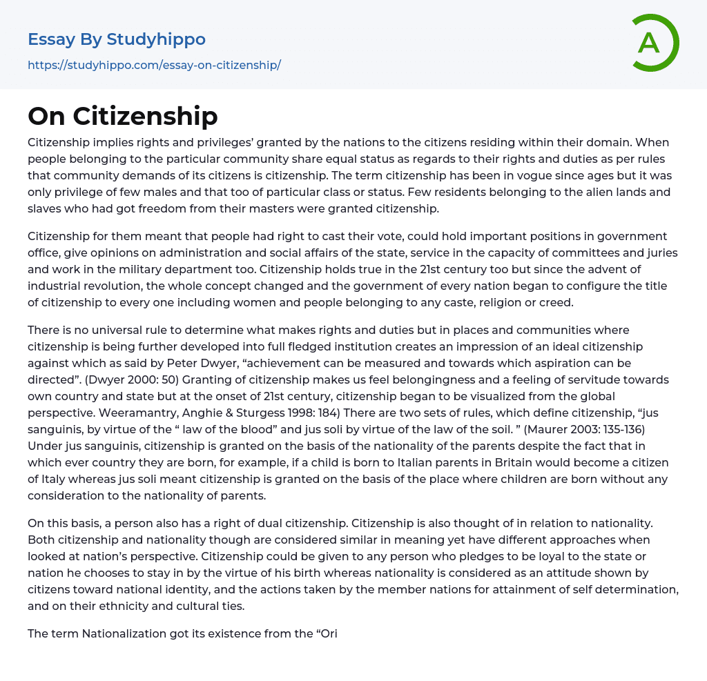 On Citizenship Essay Example