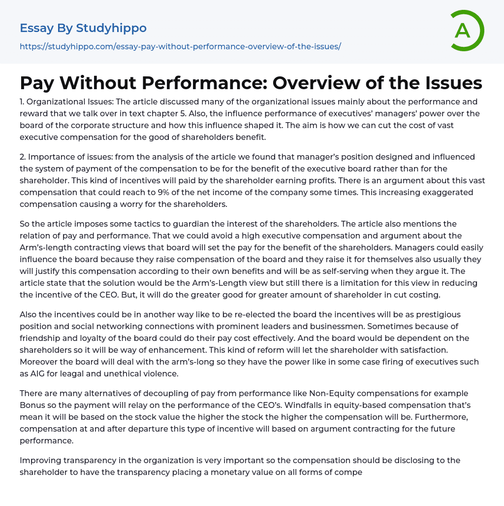 Pay Without Performance Overview of the Issues Essay Example