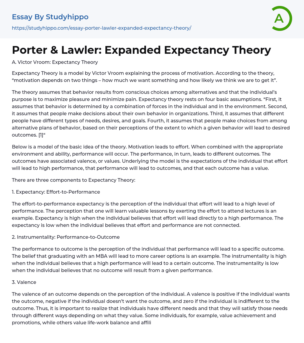 Porter & Lawler Expanded Expectancy Theory Essay Example