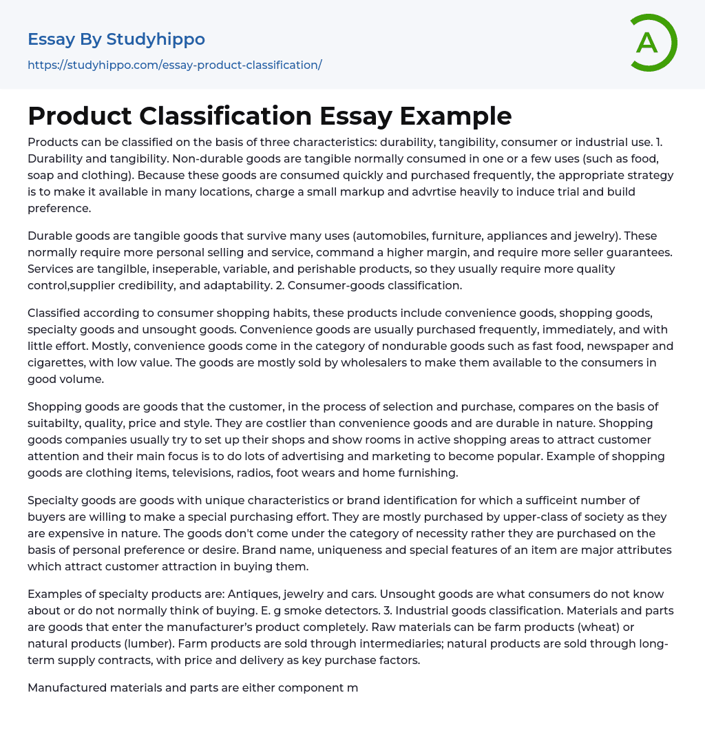 Product Classification Essay Example