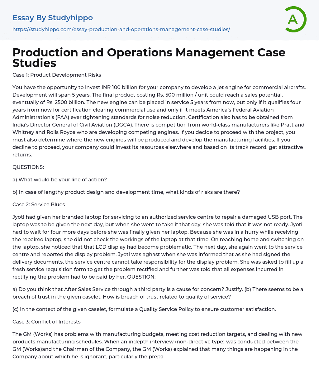 Production and Operations Management Case Studies Essay Example