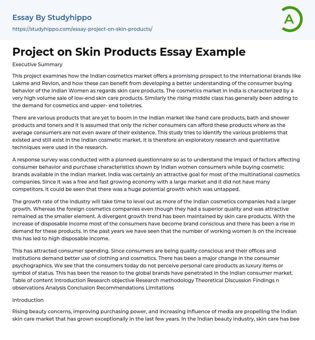 Project on Skin Products Essay Example