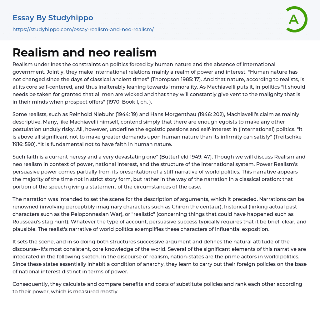Realism and neo realism Essay Example