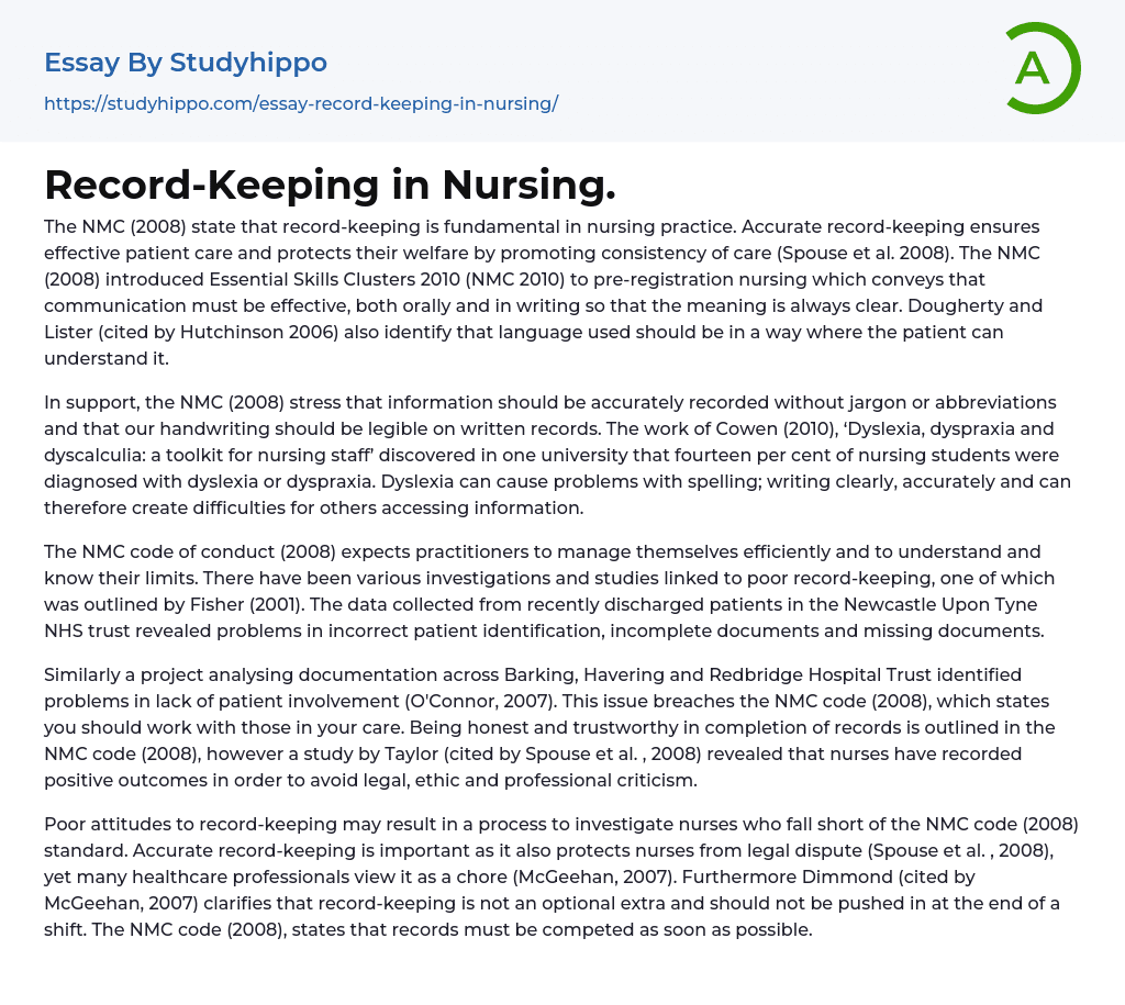 RecordKeeping in Nursing. Essay Example