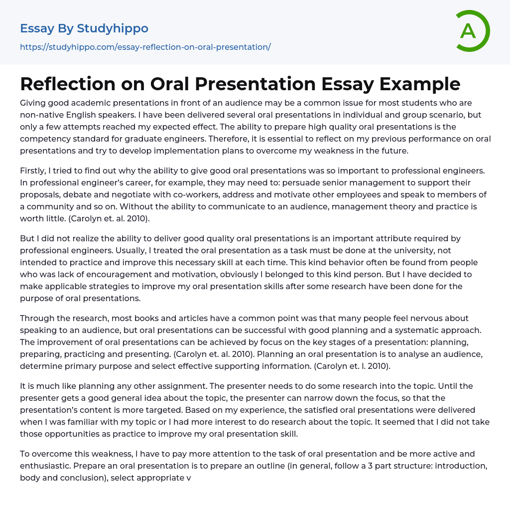 Reflection on Oral Presentation Essay Example