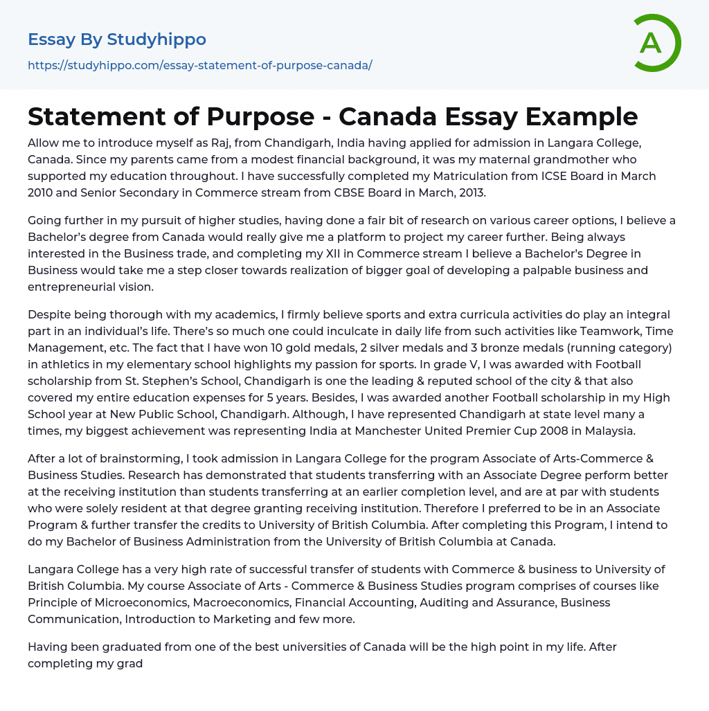 Statement of Purpose Canada Essay Example