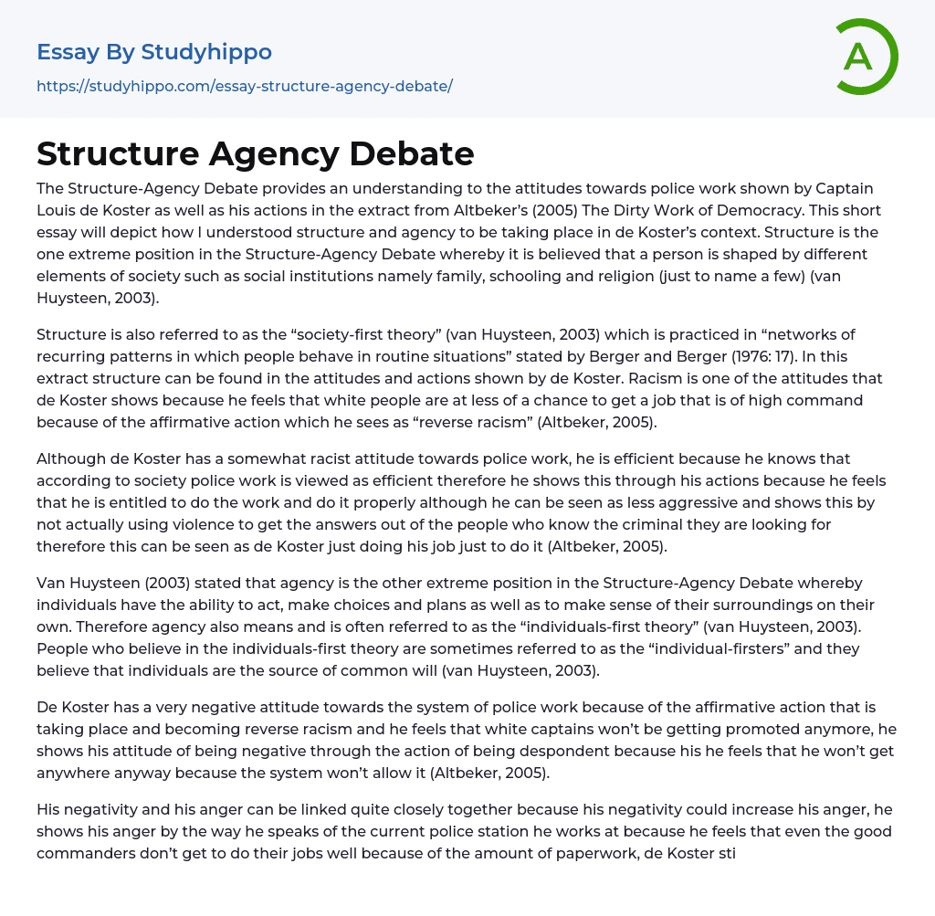 Structure Agency Debate Essay Example