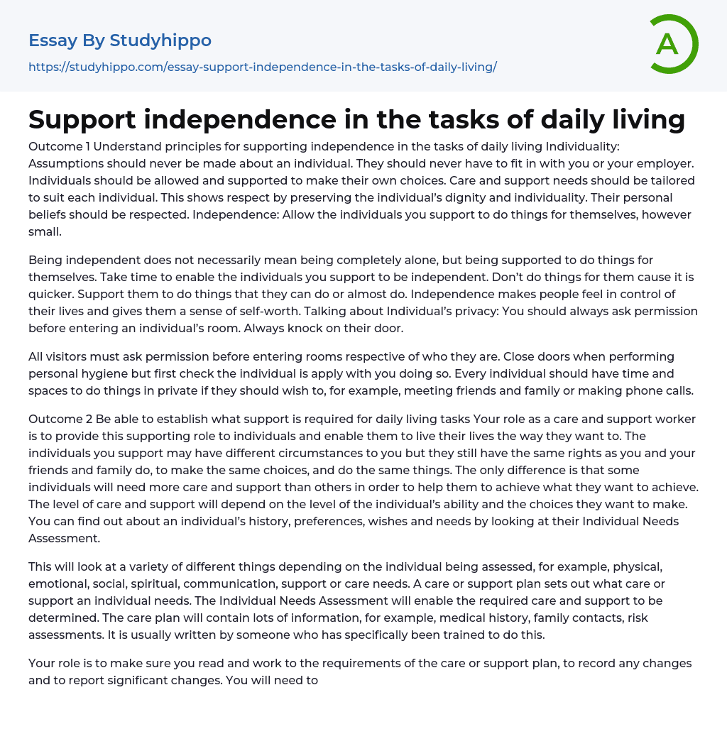 Support independence in the tasks of daily living Essay Example