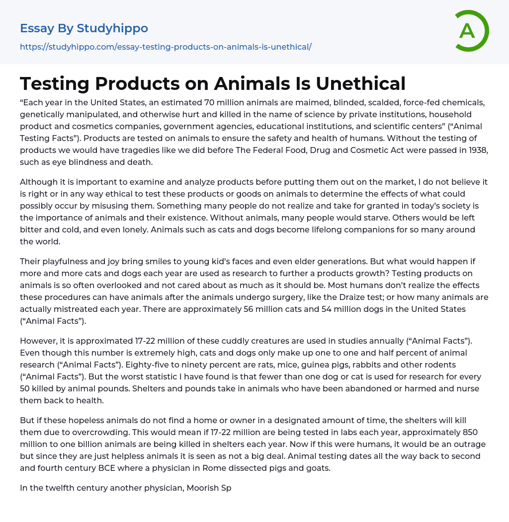 Testing Products on Animals Is Essay Example