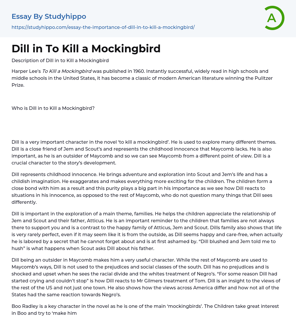 Dill in To Kill a Mockingbird Essay Example