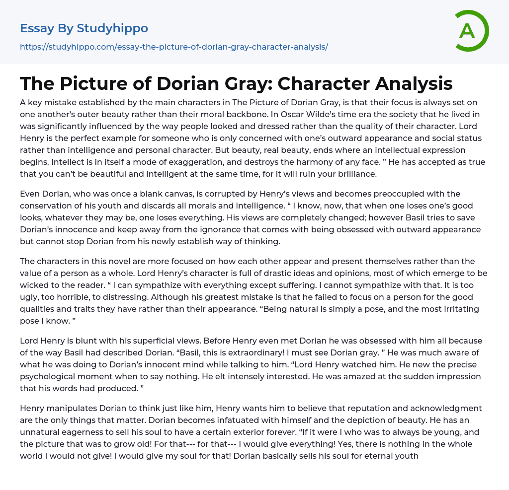 The Picture of Dorian Gray Character Analysis Essay Example