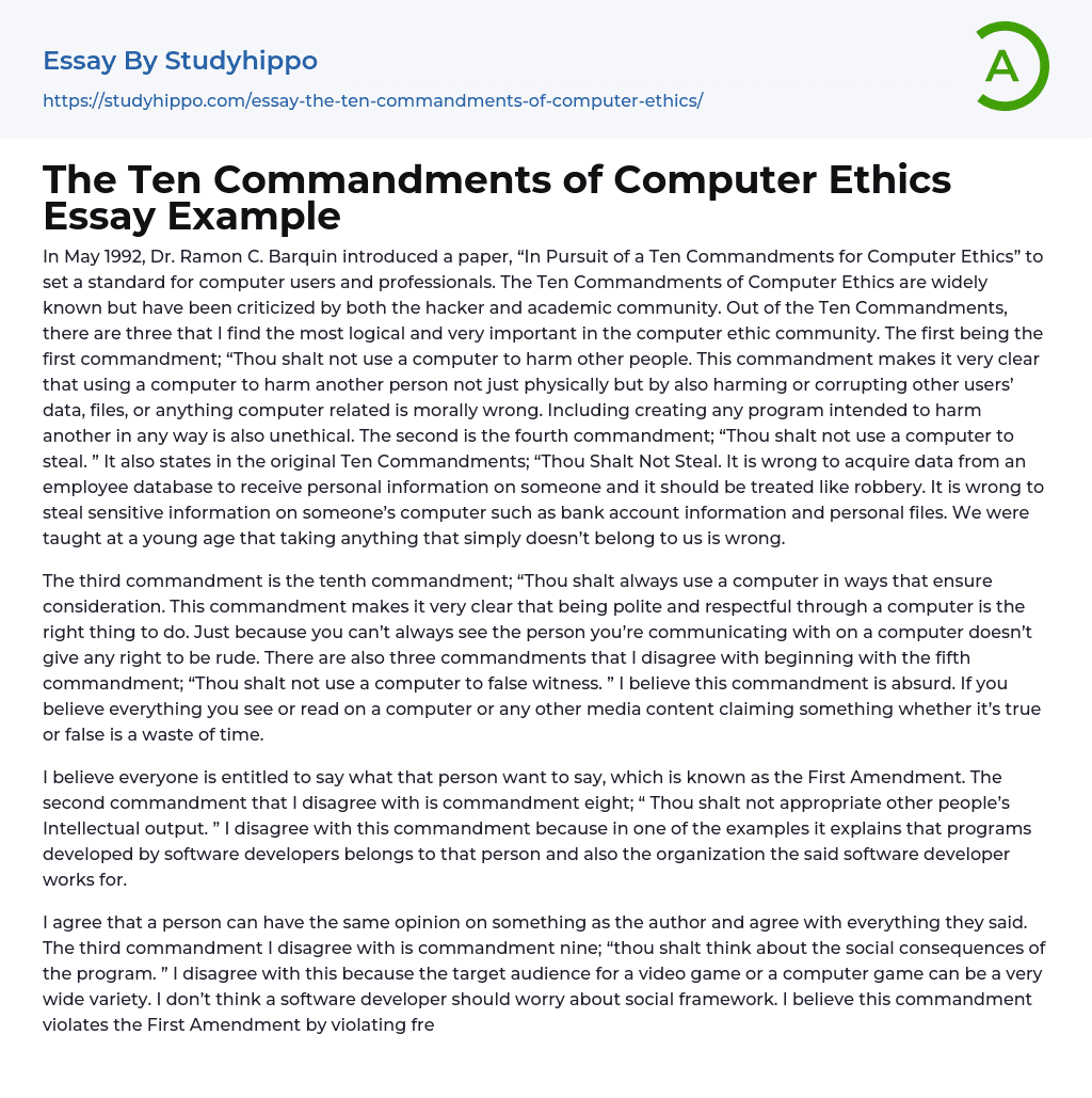 The Ten Commandments of Computer Ethics Essay Example