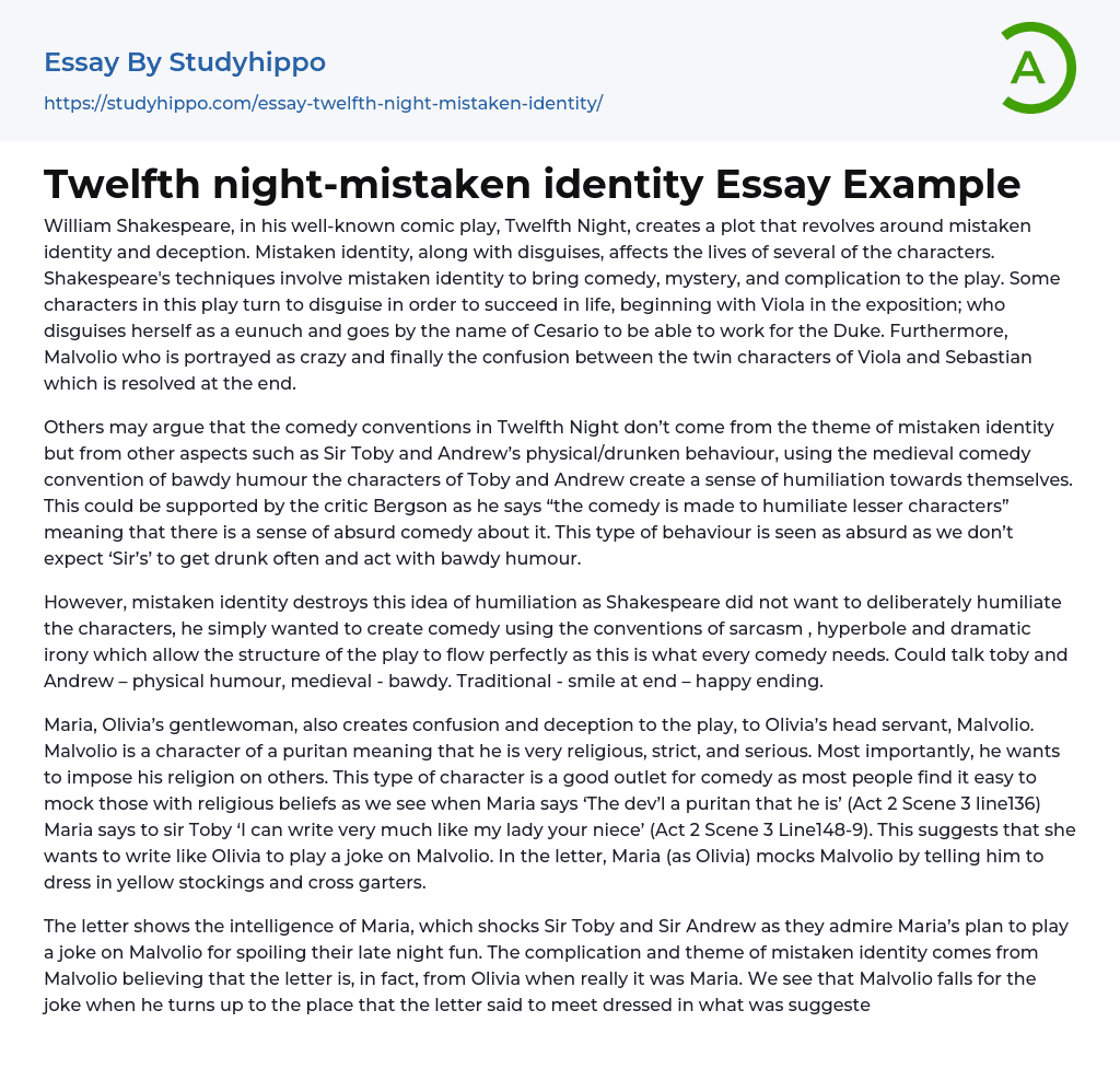 Twelfth nightmistaken identity Essay Example