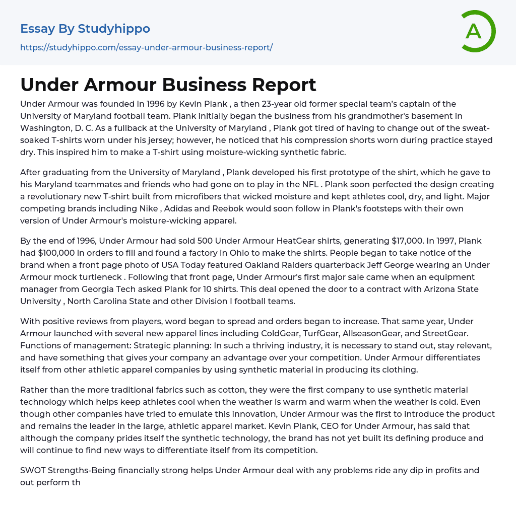 Under Armour Business Report Essay Example