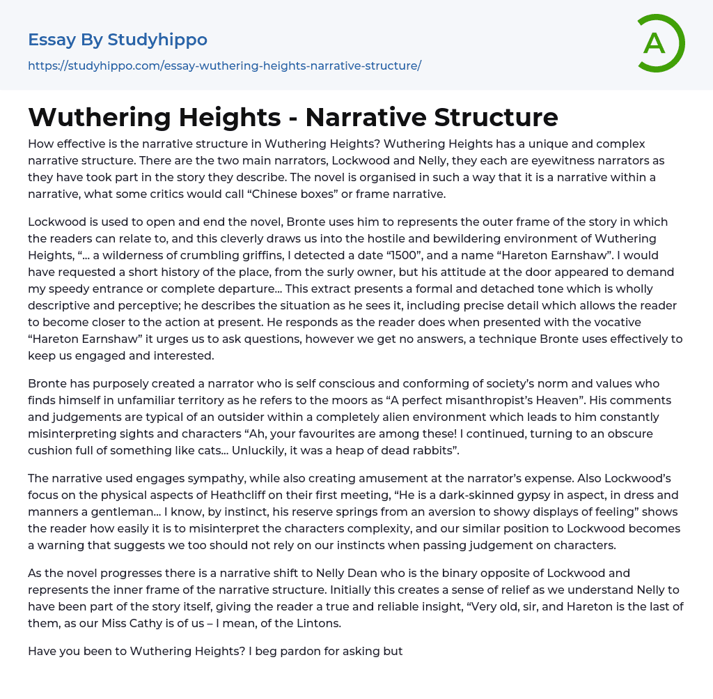 Wuthering Heights Narrative Structure Essay Example