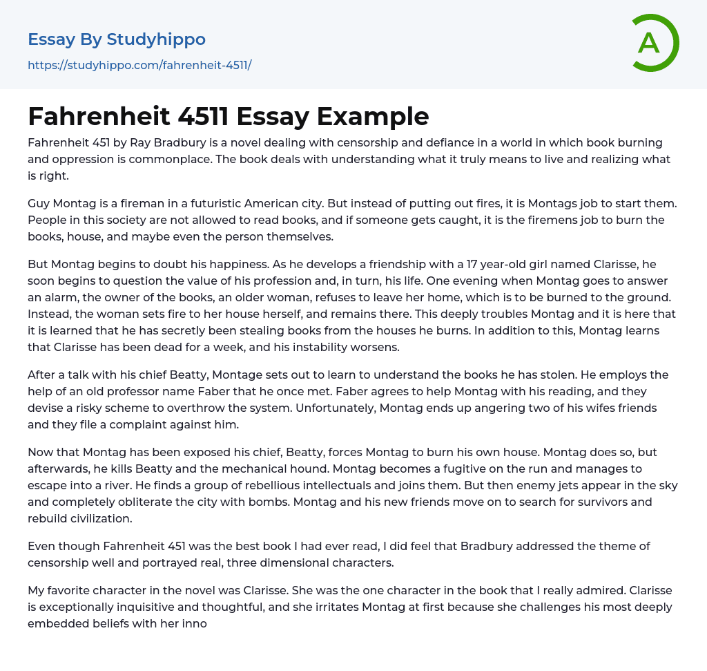 Fahrenheit 4511 Essay Example