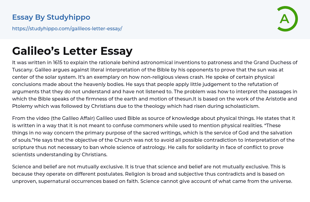 Galileo’s Letter Essay