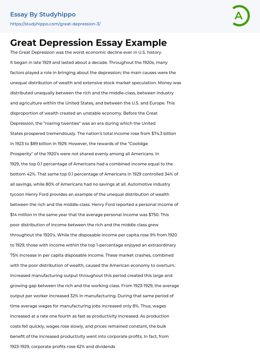 Great Depression Essay Example