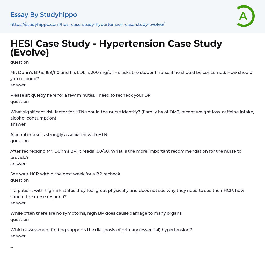 HESI Case Study Hypertension Case Study (Evolve) Essay Example
