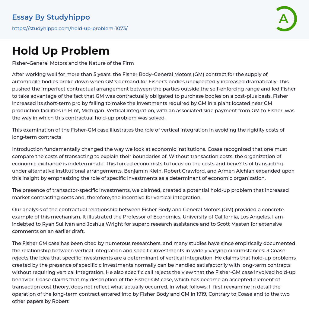Hold Up Problem Essay Example